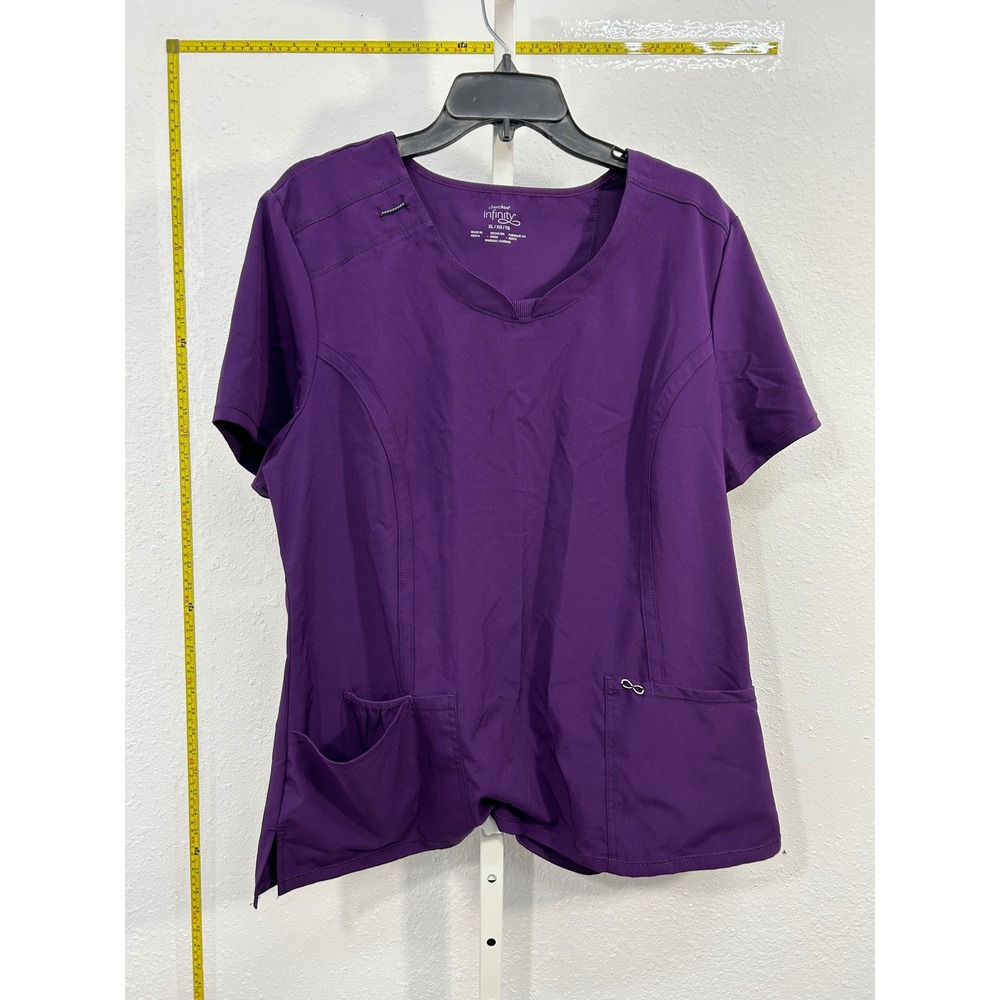 Cherokee Infinity Purple V-Neck Scrub Top Womens XL Short Sleeve Stretch Pocket